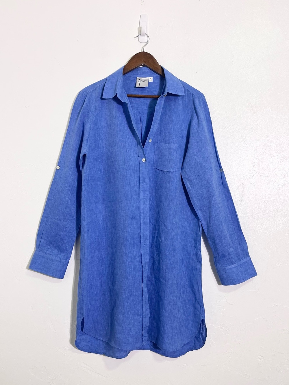 Finley Blue 100% Linen Roll-Tab Long Sleeve Button Shirtdress